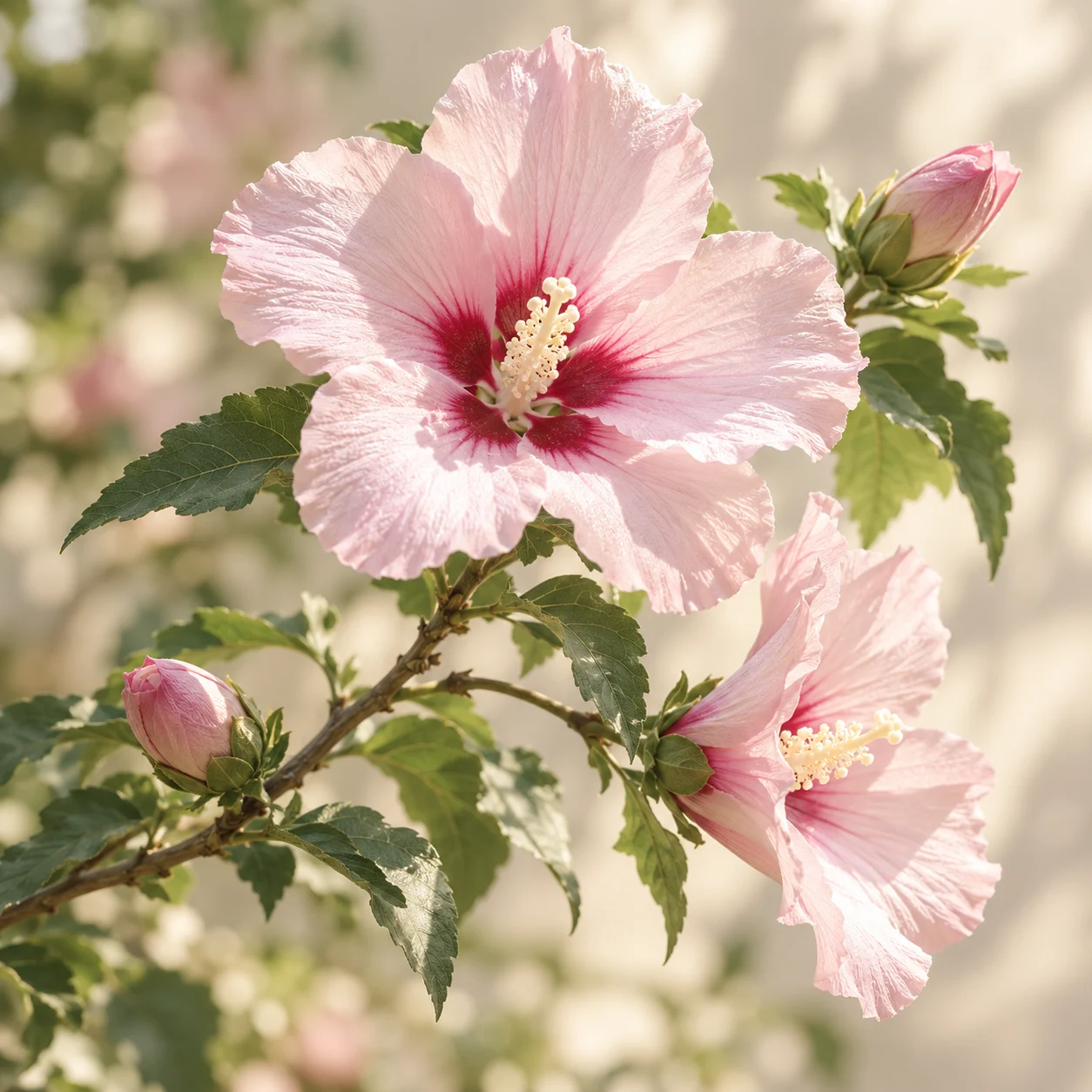 Pink Rose of Sharon in soft morning light